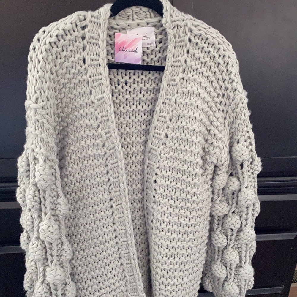ChicWish chunky grey Pom Pom cardigan